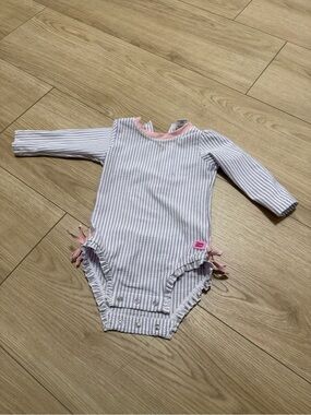 Ruffle Butts White and Light Pink Striped Long-Sleeve Swim Bodysuit 12-18m